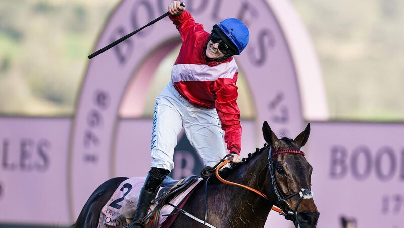 RIGHT ON TIME: Jockey Rachael Blackmore celebrating on A Plus Tard after winning the Boodles Cheltenham Gold Cup Chase. Pic:: David Davies/PA Wire