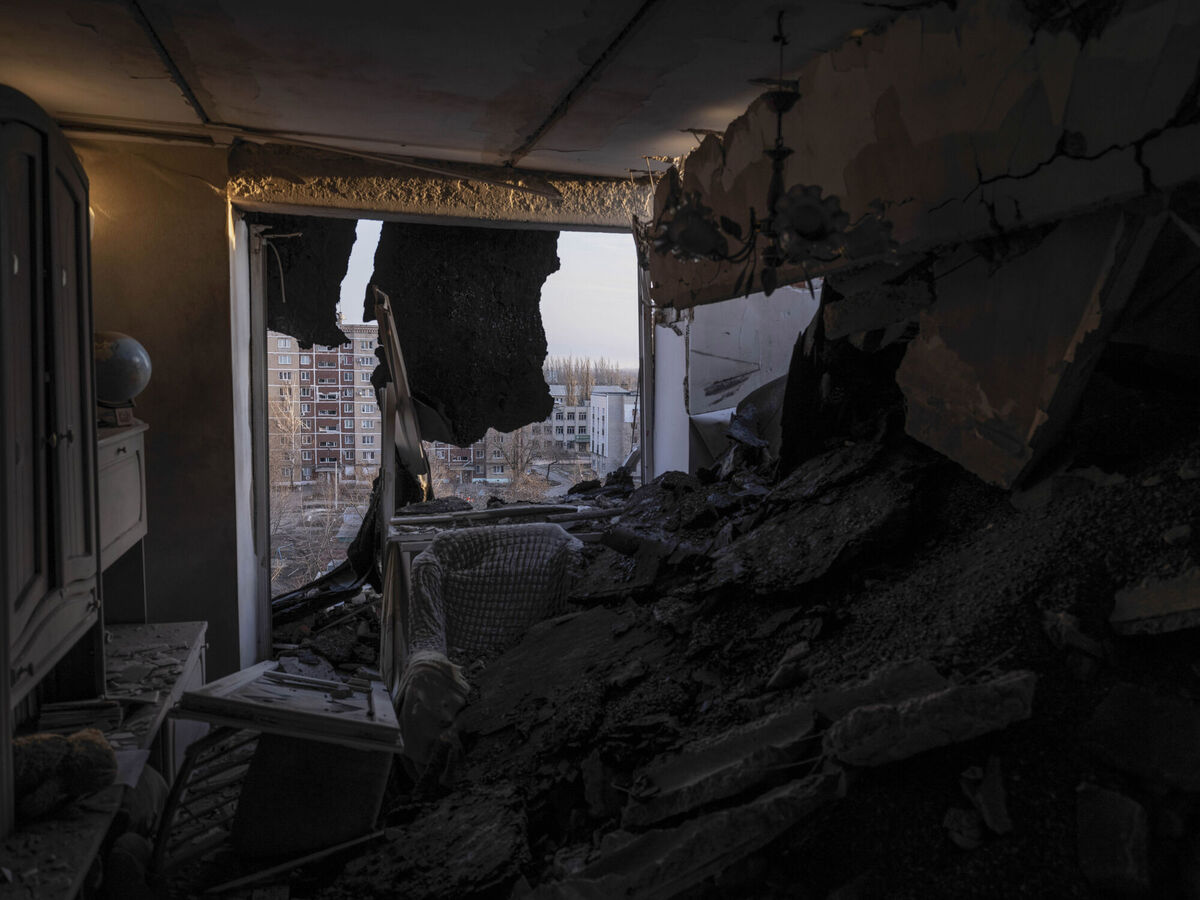The city of Pokrovsk, the site of heavy battles with Russian troops in the Donetsk region, Ukraine, in seen through the broken window of a damaged apartment on Sunday, March 9, 2025. (Iryna Rybakova/Ukraine's 93rd Mechanized Brigade via AP)