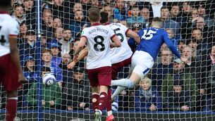 <p>Everton's Irish defender Jake O'Brien scores their equaliser. Pic: DARREN STAPLES/AFP via Getty Images</p>
