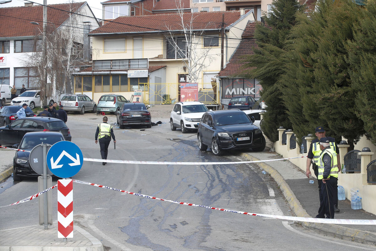 Police officers block a road near a nightclub after a massive fire in the town of Kocani, North Macedonia, Sunday, March 16, 2025. Picture: AP Photo/Boris Grdanoski