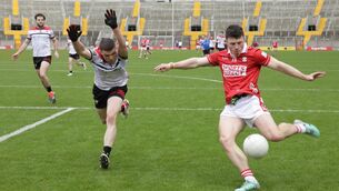<p> BIG WIN: Mark Cronin shoots on goal during the Allianz Division 2 football league clash between Cork and Louth. Pic: David Creedon.</p>
