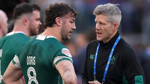 <p>Ireland interim head coach Simon Easterby and Caelan Doris of Ireland in Rome. Pic: Ramsey Cardy/Sportsfile</p>