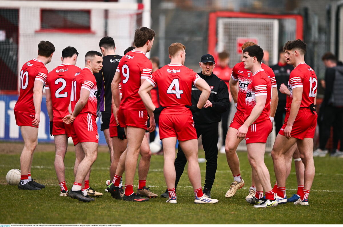 Derry manager Paddy Tally talks to his players before the Allianz Football League Division 1 match between Derry and Mayo at Celtic Park in Derry. Photo by Ben McShane/Sportsfile