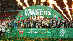 <p>CHAMPIONS: Newcastle United's Bruno Guimaraes and Kieran Trippier lift the Carabao Cup trophy with team-mates following victory in the Carabao Cup final at Wembley Stadium, London.</p>