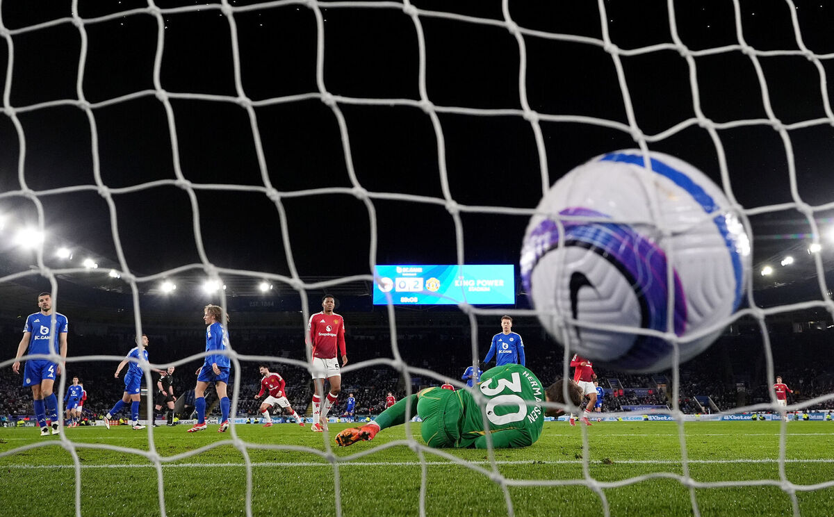Manchester United's Bruno Fernandes scores their side's third goal of the game. Pic: Martin Rickett/PA Wire.