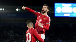 <p>Manchester United's Bruno Fernandes celebrates scoring.  Martin Rickett/PA Wire.</p>