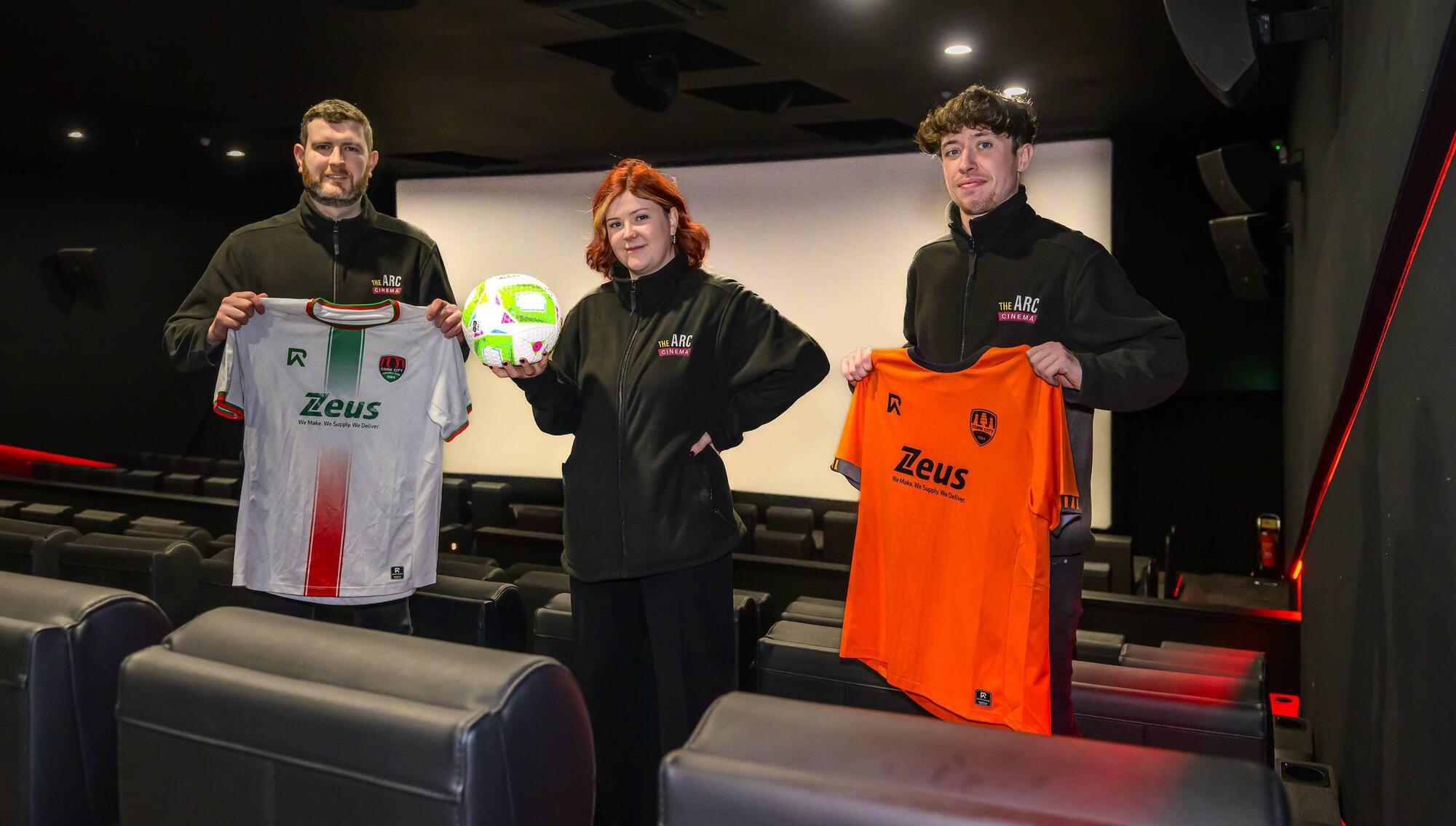 The Arc assistant manager Aoibhín Gallagher with staff Will Joy and David Coleman. The cinema will screen Cork City's away match against Derry City on Friday, April 4th. Picture: Doug Minihane