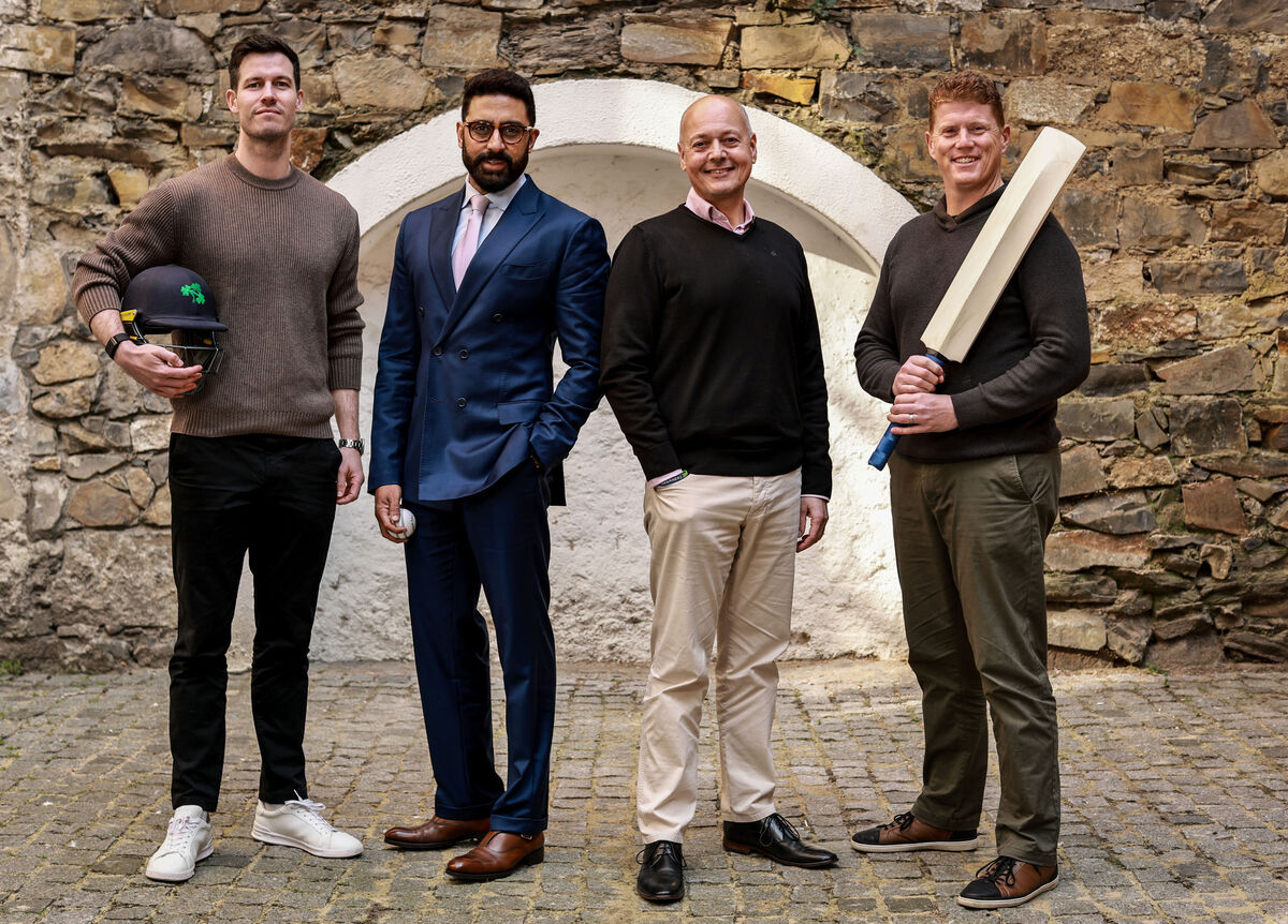 Abhishek Bachchan pictured with Warren Deutrom, CEO Cricket Ireland, Kevin O’Brien, Irish cricket legend and George Dockrell, Leinster Lightning captain and Irish cricketer. Pic: ©INPHO/Dan Sheridan. Abhishek Bachchan pictured with Warren Deutrom, CEO Cricket Ireland, Kevin O’Brien, Irish cricket legend and George Dockrell, Leinster Lightning captain and Irish cricketer. Pic: ©INPHO/Dan Sheridan.
