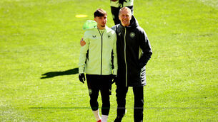 <p>OPPORTUNITY: The uncapped Rocco Vata and Heimir Hallgrímsson during Ireland training at the Hristo Botev Stadium in Plovdiv. "We have uncapped players and we'd like to see them in action," said the Ireland boss. Pic: ©INPHO/Ryan Byrne</p>