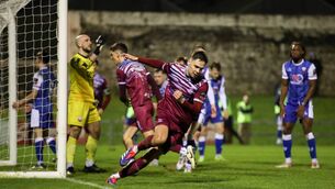 <p>SPOTLIGHT: The international break means that the League of Ireland First Division takes centre stage this Friday with table toppers Dundalk facing second placed Cobh Ramblers. Cobh captain Cian Coleman, pictured celebrating, is one of six Ramblers players who won the second tier title with Cork City last year. Picture: Michael P Ryan/Sportsfile</p>
