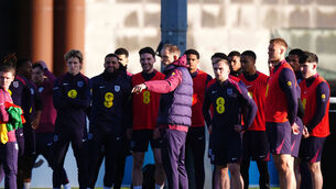 <p>England manager Thomas Tuchel addresses players during a training session. Pic: Mike Egerton/PA Wire.</p>