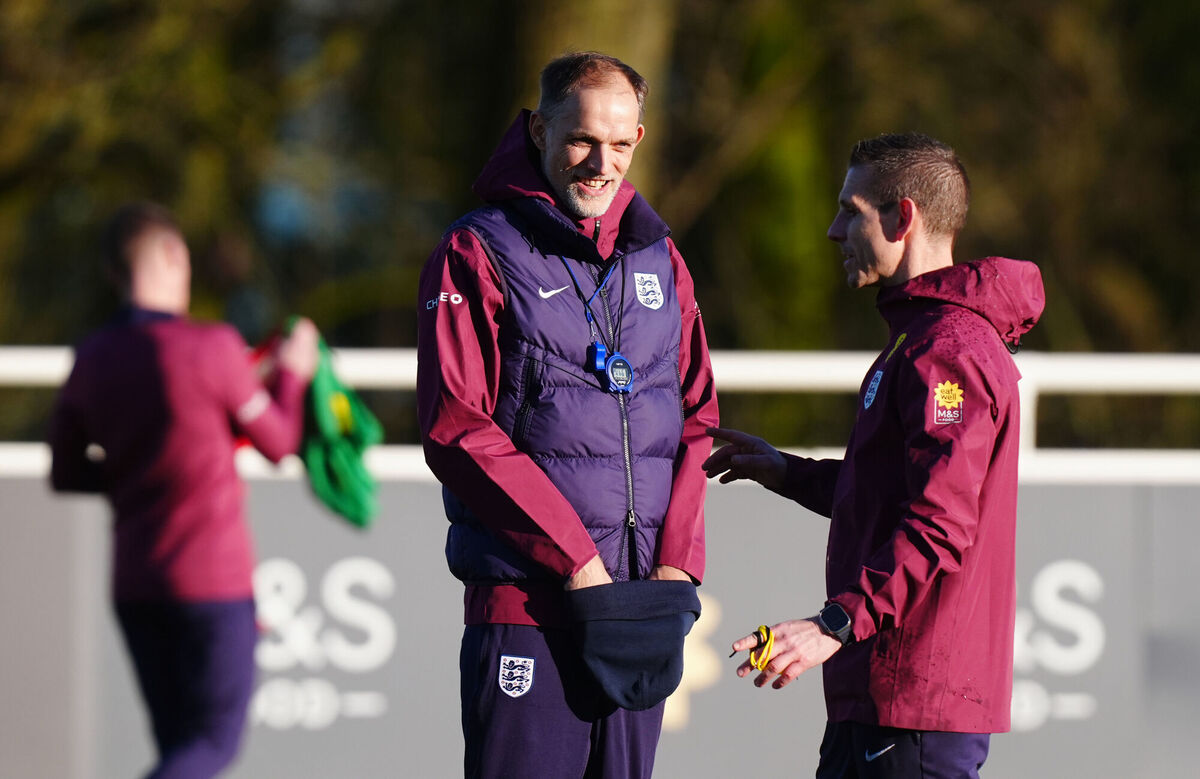 England manager Thomas Tuchel (centre) with assistant Anthony Barry during a training session at St George's Park. Pic: Mike Egerton/PA Wire.