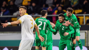 <p>RETURN LEG IN LEAD: Ireland's Matt Doherty celebrates scoring his sides second goal with Mikey Johnston and Troy Parrott. Pic: ©INPHO/Ryan Byrne</p>