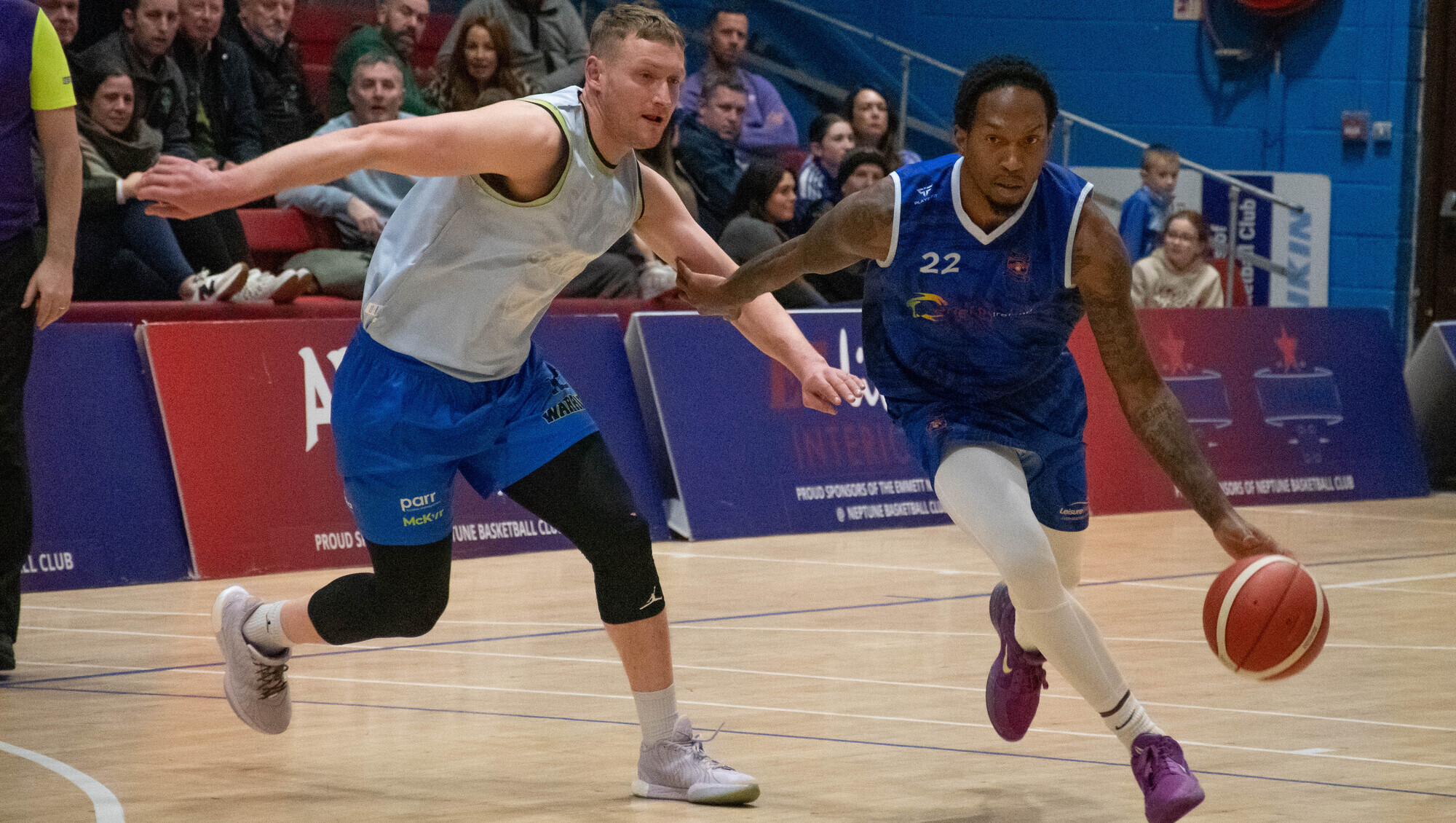 Energywise Ireland Neptune's Chancellor Hunter breaks away from Tralee Warriors Daniel Jokubaitis during the recent Men's Super League basketball match in Neptune Stadium. Picture: Howard Crowdy