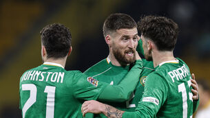 <p>Ireland's Matt Doherty celebrates scoring his side's second goal with Mikey Johnston and Troy Parrott. Pic: Kostadin Andonov/Inpho</p>