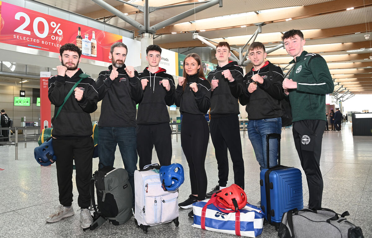 Amid the chaos, some people's travel plans were uninterrupted. Blackrock Taekwondo instructor Paul Manning (second left) with martial arts students Eoin O'Donoghue, Cormac Harrington, David O'Donoghue, Amy Sullivan, David Lyons, and Sean Óg Lordan had no disruption to their plans to fly with KLM to Amsterdam to compete at the Dutch Taekwondo Open. Picture: Larry Cummins