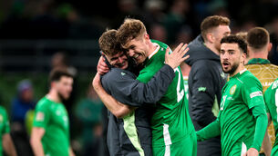 <p>Ireland's Evan Ferguson and Nathan Collins celebrate the final whistle. Pic: James Crombie/Inpho</p>
