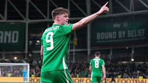 <p>SEVENTH EVAN: Republic of Ireland's Evan Ferguson celebrates. Pic: Brian Lawless/PA Wire.</p>