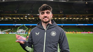 <p>Troy Parrott of the Republic of Ireland with his player of the match award. Pic: Stephen McCarthy/Sportsfile</p>