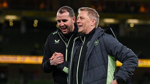 <p>Republic of Ireland head coach Heimir Hallgrimsson, right, and assistant head coach John O'Shea after the victory over Bulgaria. Pic: Stephen McCarthy/Sportsfile</p>