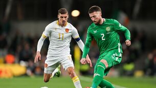 <p>SURE TOUCH: Ireland's Matt Doherty gets a pass away under pressure from Bulgaria's Kiril Despodov in Sunday's play-off second leg at the Aviva Stadium. Pic: Thomas Flinkow/Sportsfile</p>
