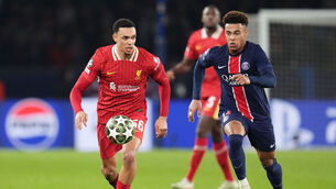 <p>NEW GALACTICO? Liverpool's Trent Alexander-Arnold (left) and Paris Saint-Germain's Desire Doue battle for the ball. Pic: Adam Davy/PA Wire.</p>