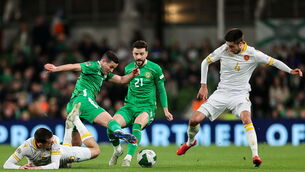 <p>Josh Cullen and Jason Knight acted manfully as the pivots in both games against Bulgaria but World Cup qualifying opponents Hungary and Portugal are likely to exploit their shortcomings. Pic: Thomas Flinkow/Sportsfile</p>