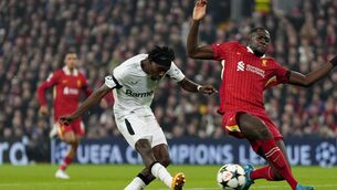 <p>Liverpool are understood to have held initial talks concerning the signing of Bayer Leverkusen’s Jeremie Frimpong, left. Pic: Peter Byrne/PA</p>
