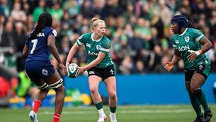 <p>Dannah O'Brien, left, and Linda Djougang of Ireland during the Women's Six Nations Rugby Championship match between Ireland and France at Kingspan Stadium in Belfast. Pic: Ramsey Cardy/Sportsfile</p>