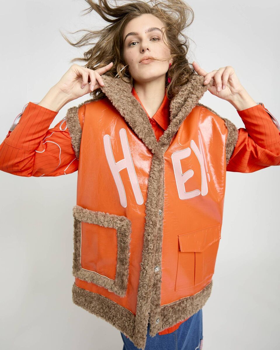Dunnes Stores The ‘HEY!’ gimme dopamine! PU and borg lined appliqué gilet, €180. Dunnes Stores The ‘HEY!’ gimme dopamine! PU and borg lined appliqué gilet, €180.