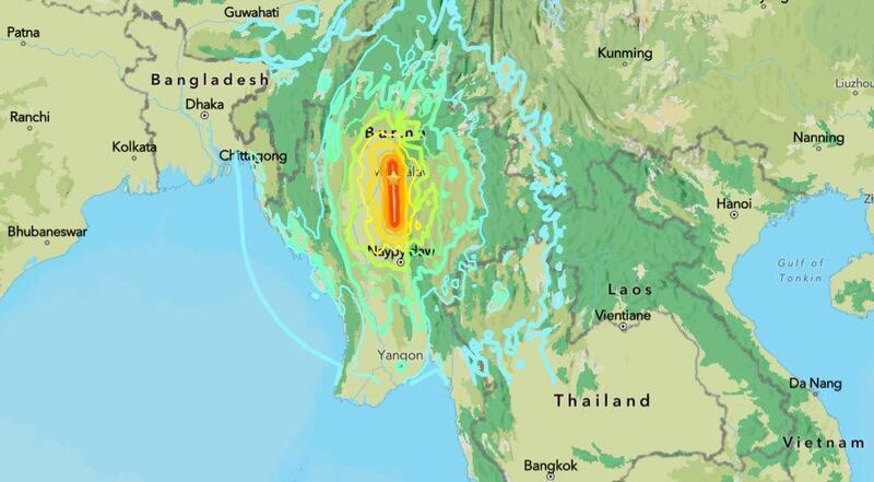 A map of the epicentre and intensity of Friday's earthquake in Myanmar. Picture: US Geological Survey 