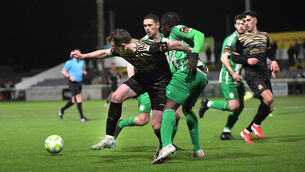 <p> Cobh Ramblers Cian Murphy and Bray Wanderers Benjamin Fagbemi in action during their SSE Airtricity First Division tie at the Carlisle grounds. Pic: Moya Nolan</p>