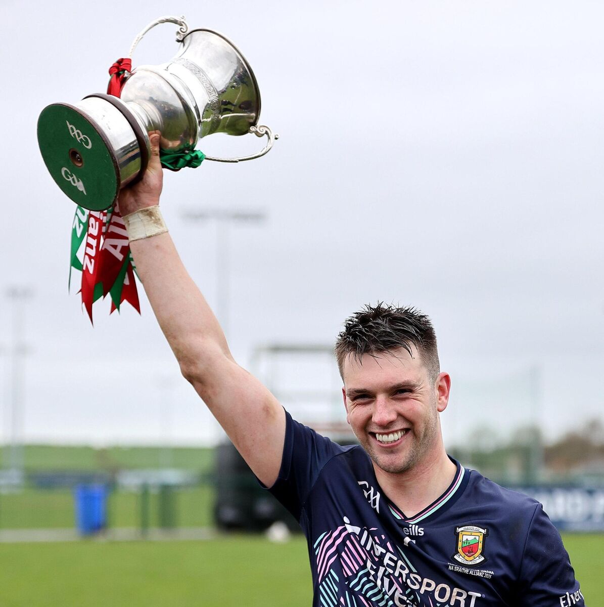 Mayo captain David Kenny celebrates with the cup after his side's victory in the Allianz Hurling League Division 3 final. Pic: Thomas Flinkow/Sportsfile