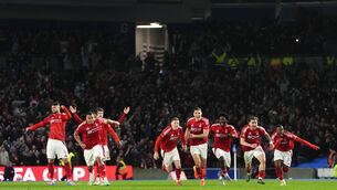 <p>SPRINTING TO WEMBLEY: Nottingham Forest players celebrate victorty in in the penalty shoot-out following the Emirates FA Cup quarter final match at the Amex Stadium, Brighton and Hove. Picture date: Saturday March 29, 2025.</p>