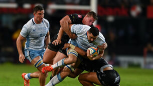 <p>GOING TO THE MAX: Max Deegan, captain of Leinster, is tackled by James Venter of the Hollywoodbets Shark. Pic: ©INPHO/Steve Haag  </p>