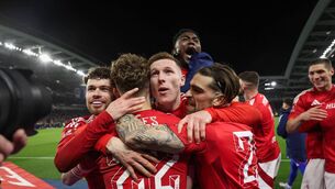 <p>FOREST ON FIRE: Elliot Anderson and Ryan Yates of Nottingham Forest and teammates celebrate following the team's victory in the penalty shootout during the Emirates FA Cup Quarter Final match between Brighton &amp; Hove Albion and Nottingham Forest at Amex Stadium. Photo by Alex Pantling/Getty Images</p>