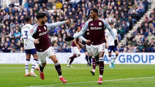 <p>DEADLY DUO: Aston Villa's Marcus Rashford (centre right) celebrates scoring their side's first goal of the game with Marco Asensio during the Emirates FA Cup quarter final match at Deepdale, Preston. Pic: Martin Rickett/PA Wire</p>
