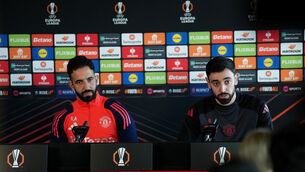 Ruben Amorim, left, has told Bruno Fernandes he is ‘not going anywhere’ (Martin Rickett/PA)