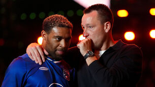 <p>26ers manager John Terry (right) with former Liverpool winger Jordan Ibe during Baller League UK at the Copper Box Arena, London.</p>