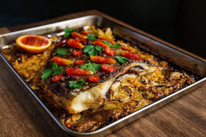 Whole baked brill with blood orange chilli
