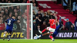 <p>Nottingham Forest's Anthony Elanga scores against his former club</p>