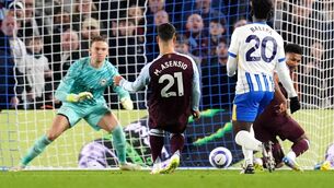 <p>DOS A CERO: Aston Villa's Marco Asensio scores their side's second goal of the game during the Premier League match at the American Express Stadium, Brighton. Pic: John Walton/PA Wire.</p>