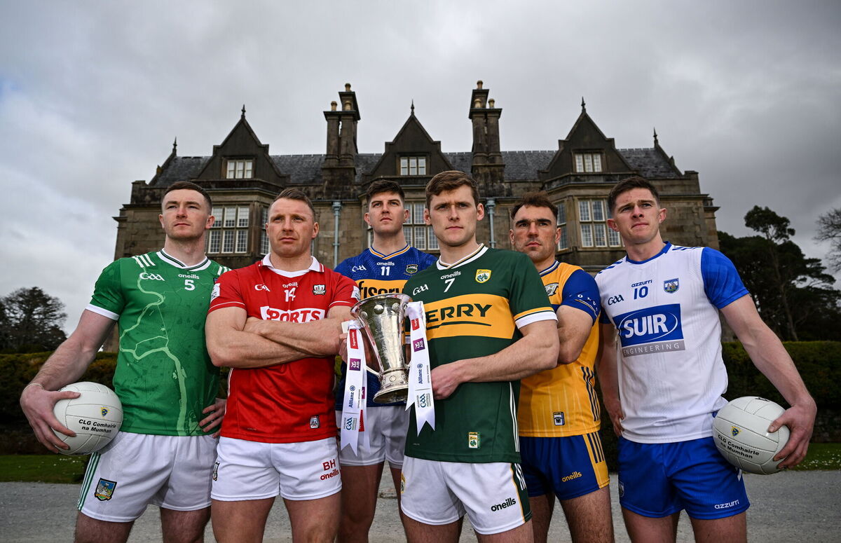 From left, Limerick vice captain Barry Coleman, Cork captain Brian Hurley, Tipperary captain Steven O’Brien, Kerry captain Gavin White, Alan Sweeney of Clare and Waterford captain Conor Murray at the launch of the Munster GAA Senior Hurling and Football Championship 2025 at Muckross House in Killarney, Kerry. Photo by Brendan Moran/Sportsfile