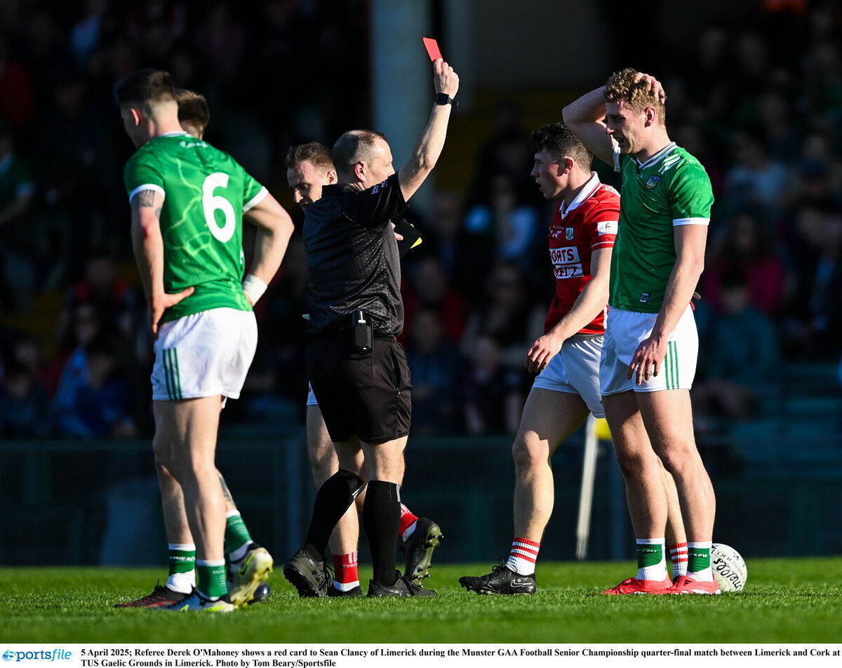 Referee Derek O'Mahoney shows a red card to Sean Clancy of Limerick during the Munster GAA Football Senior Championship quarter-final match between Limerick and Cork at TUS Gaelic Grounds in Limerick. Photo by Tom Beary/Sportsfile