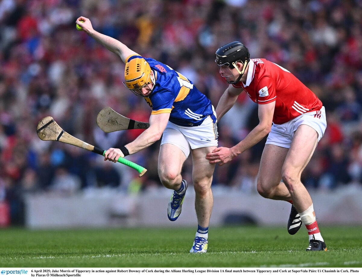 Jake Morris of Tipperary in action against Robert Downey of Cork during the Allianz Hurling League Division 1A final match between Tipperary and Cork at SuperValu Páirc Uí Chaoimh in Cork. Photo by Piaras Ó Mídheach/Sportsfile Jake Morris of Tipperary in action against Robert Downey of Cork during the Allianz Hurling League Division 1A final match between Tipperary and Cork at SuperValu Páirc Uí Chaoimh in Cork. Photo by Piaras Ó Mídheach/Sportsfile