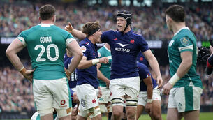 <p>France's Oscar Jegou celebrates scoring their side's fourth try of the game during the Guinness Men's Six Nations match the Aviva Stadium.</p>