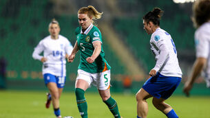 <p>Ireland's Aoife Mannion and Greece's Eleni Markou. Pic: Ryan Byrne/Inpho</p>