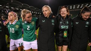<p>Republic of Ireland head coach Carla Ward with Denise O’Sullivan, Jessie Stapleton, equipment officer Helen Noonan and Lucy Quinn. Pic: Stephen McCarthy/Sportsfile</p>