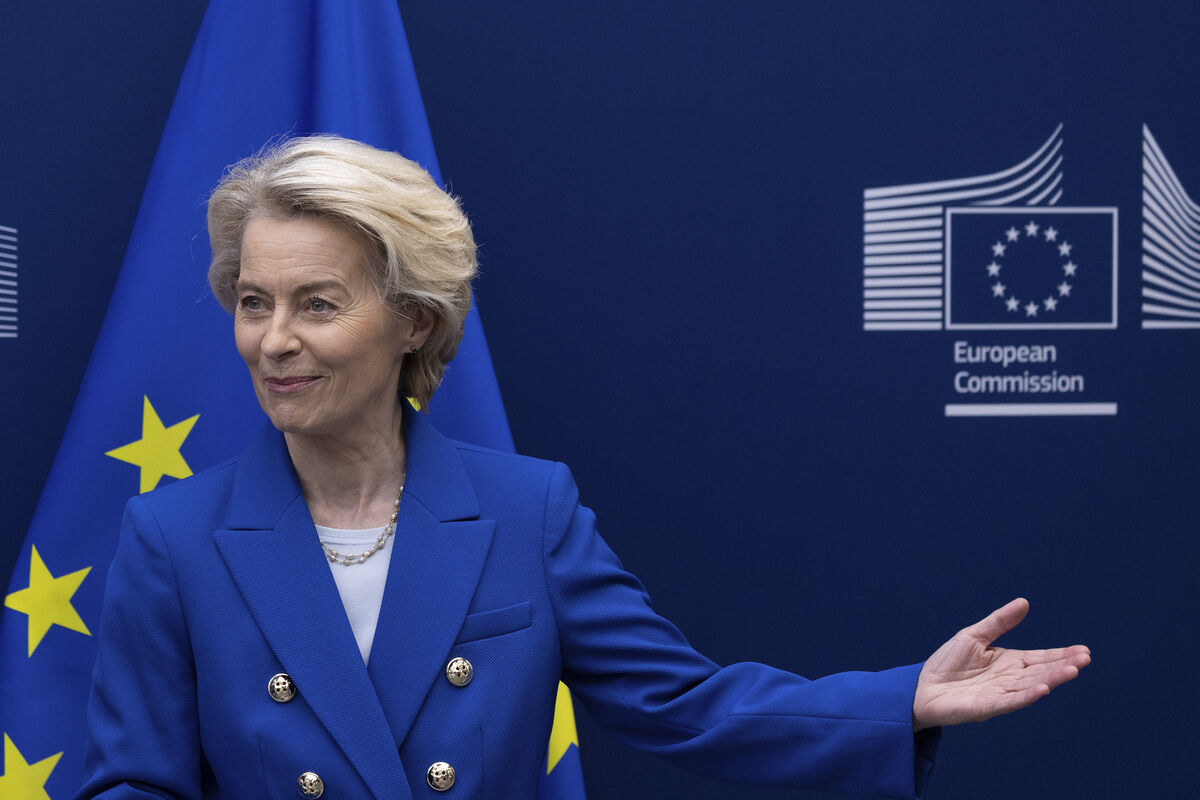 European Commission President Ursula von der Leyen stands prior to a meeting with Iceland's Prime Minister Kristrun Frostadottir at the EU headquarters in Brussels, Wednesday, April 9, 2025. (AP Photo/Omar Havana)