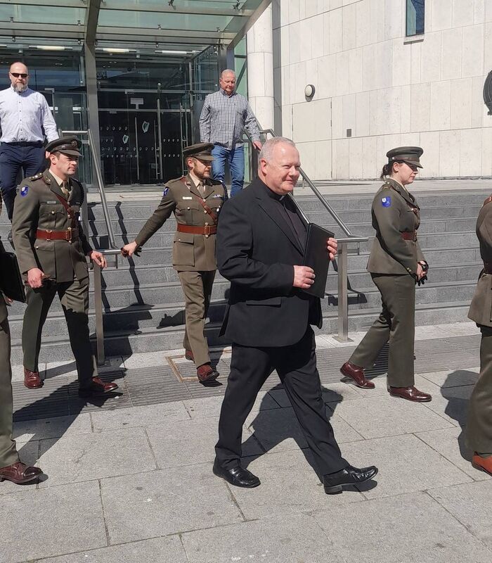 Fr Paul Murphy leaving court after sentence hearing of boy who has pleaded guilty to the attempted murder of the Defence Forces chaplain at Renmore Barracks, Galway, in August 2024. Picture: Cormac O'Keeffe